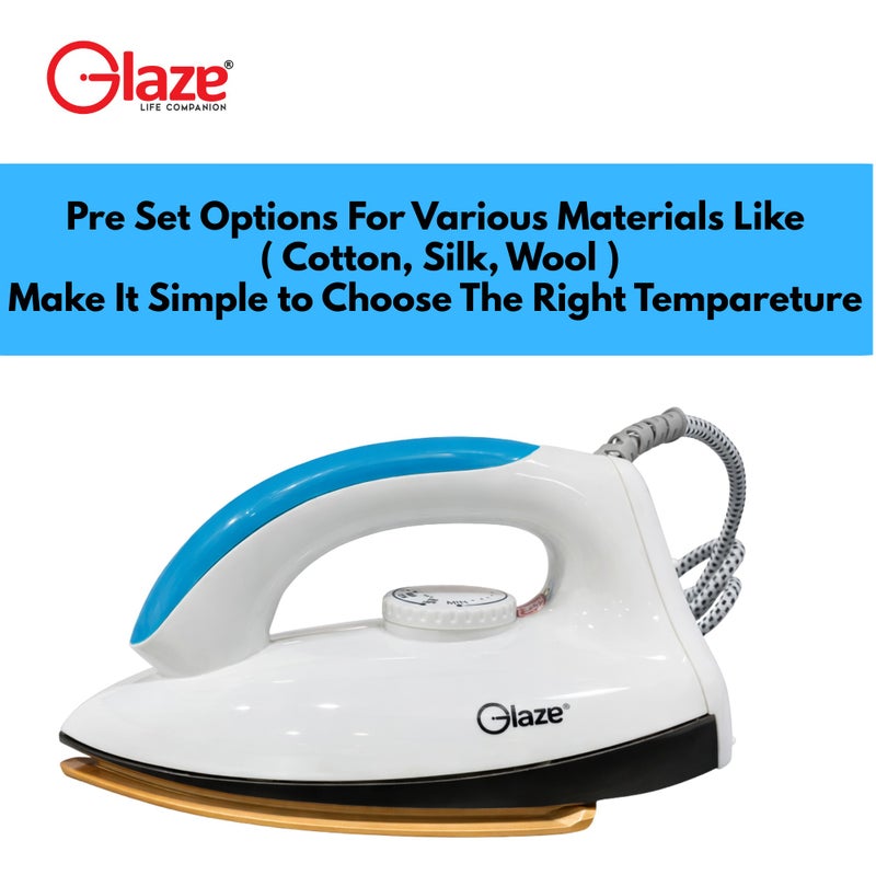 Glaze Electric Iron 1200W White with Auto Shut-Off – Ceramic Gold Non-Stick Soleplate, Adjustable Temperature Control, Heavy Duty Dry Iron for Clothes - Image 4